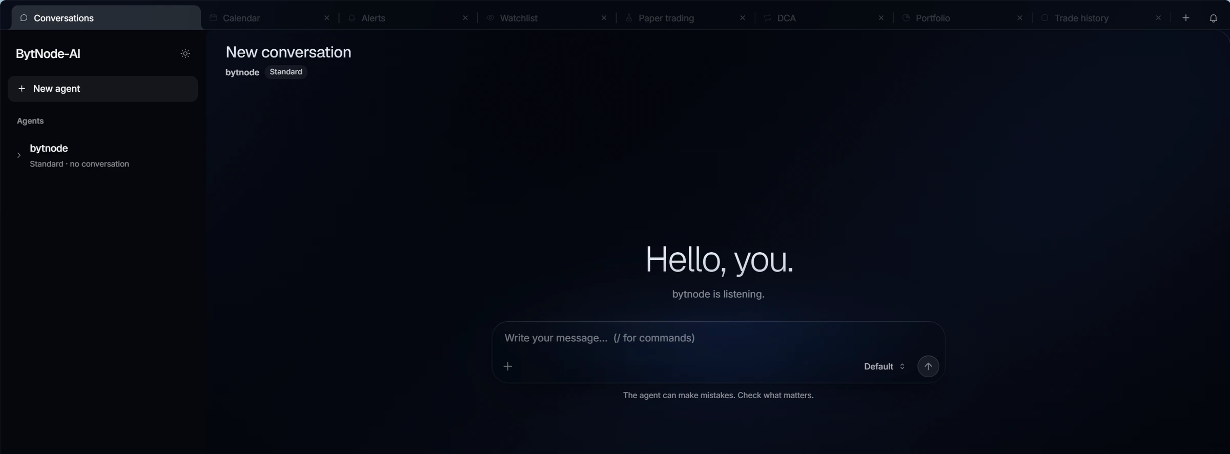 L’application BytNode-AI : vos agents à gauche, les onglets des plugins en haut, et une nouvelle conversation prête au centre.