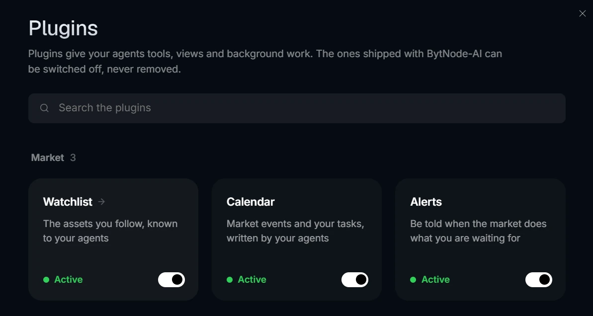 La bibliothèque des plugins : Watchlist, Calendar et Alerts sous Market ; Position calculator, Paper trading et les achats récurrents sous Portfolio and trading.