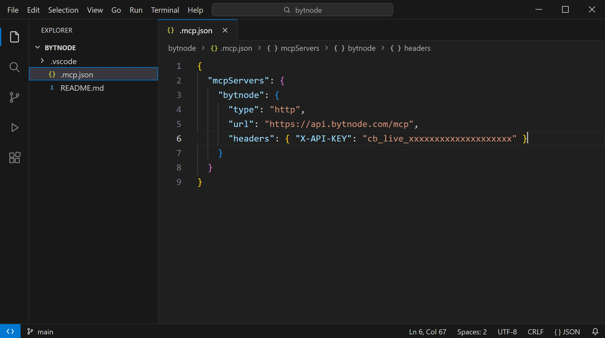 The configuration pasted into a .mcp.json file.