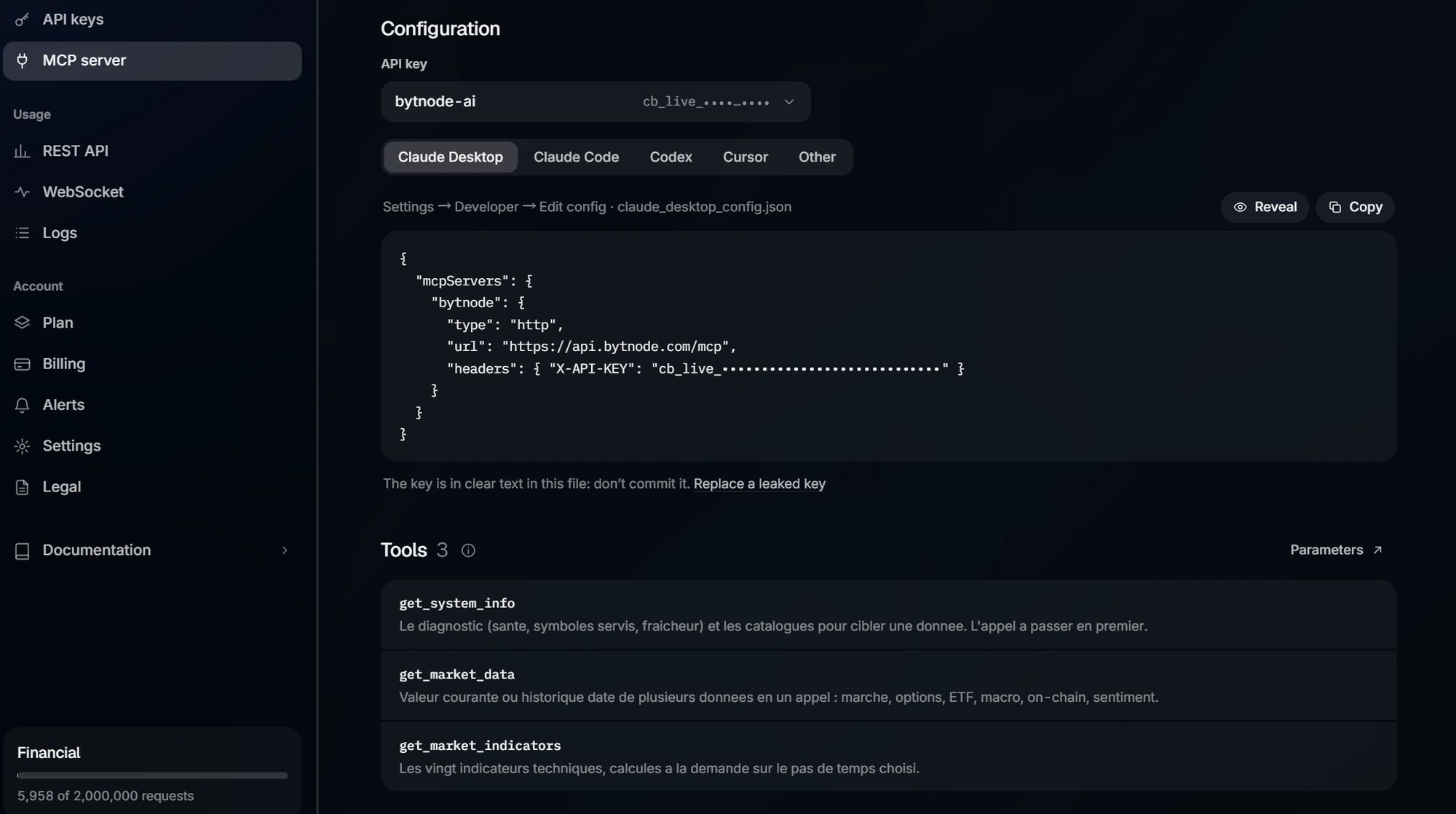 The MCP server page of the dashboard, with the configuration to copy.